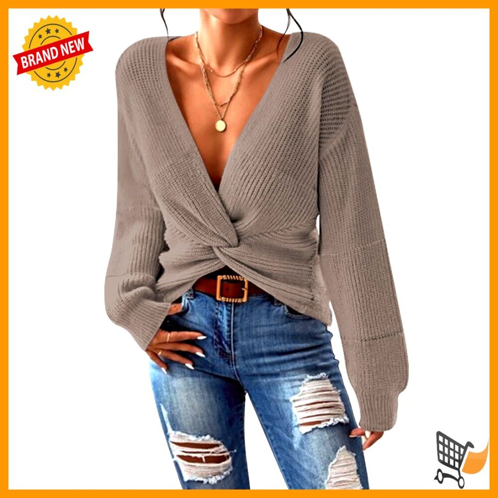 V Neck Twist Knot Cropped Pullover Sweater Y2k Chic Casual Knit Top